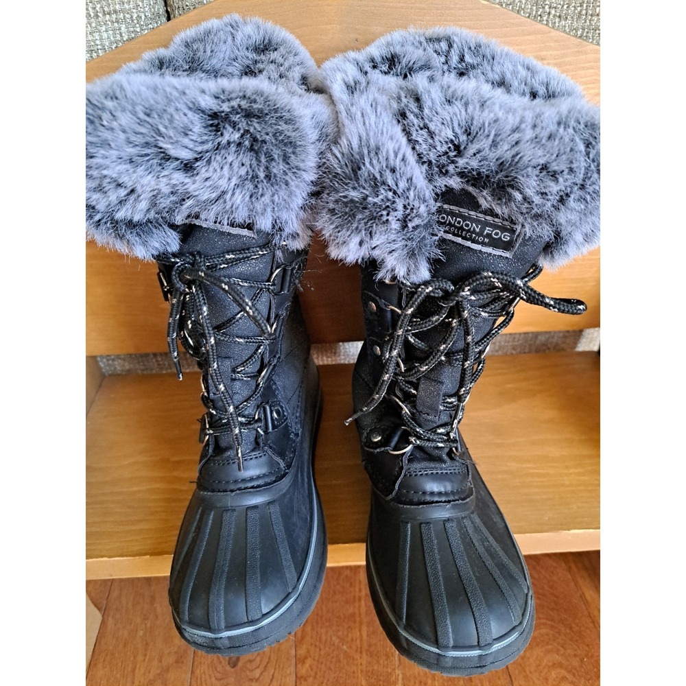 London Fog Kids Winter Black Waterproof Boots Lace-up‎ Quilted Faux Fur Cuff 1.0